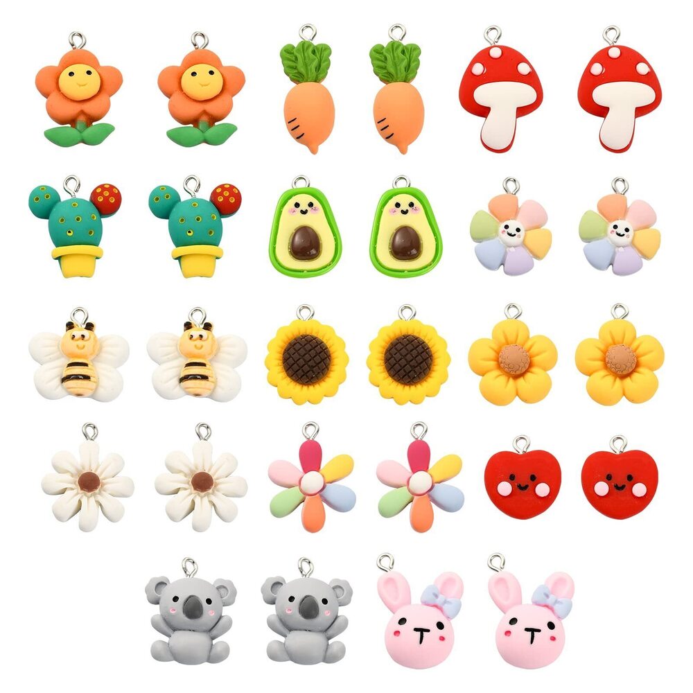 2458 28Pcs 14 Style Assorted Fruit Animal Flower Resin Charms Cartoon 3D
